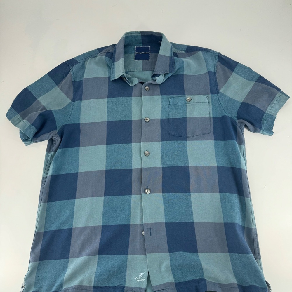 Tommy‎ Bahama Mens Blue Teal Buffalo Check Plaid 100% Silk Short Sleeve Shirt M